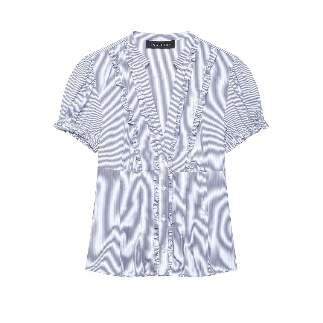 Women's ruffled blouse with V-neck, puff sleeves, and fitted cut Mune Fashion