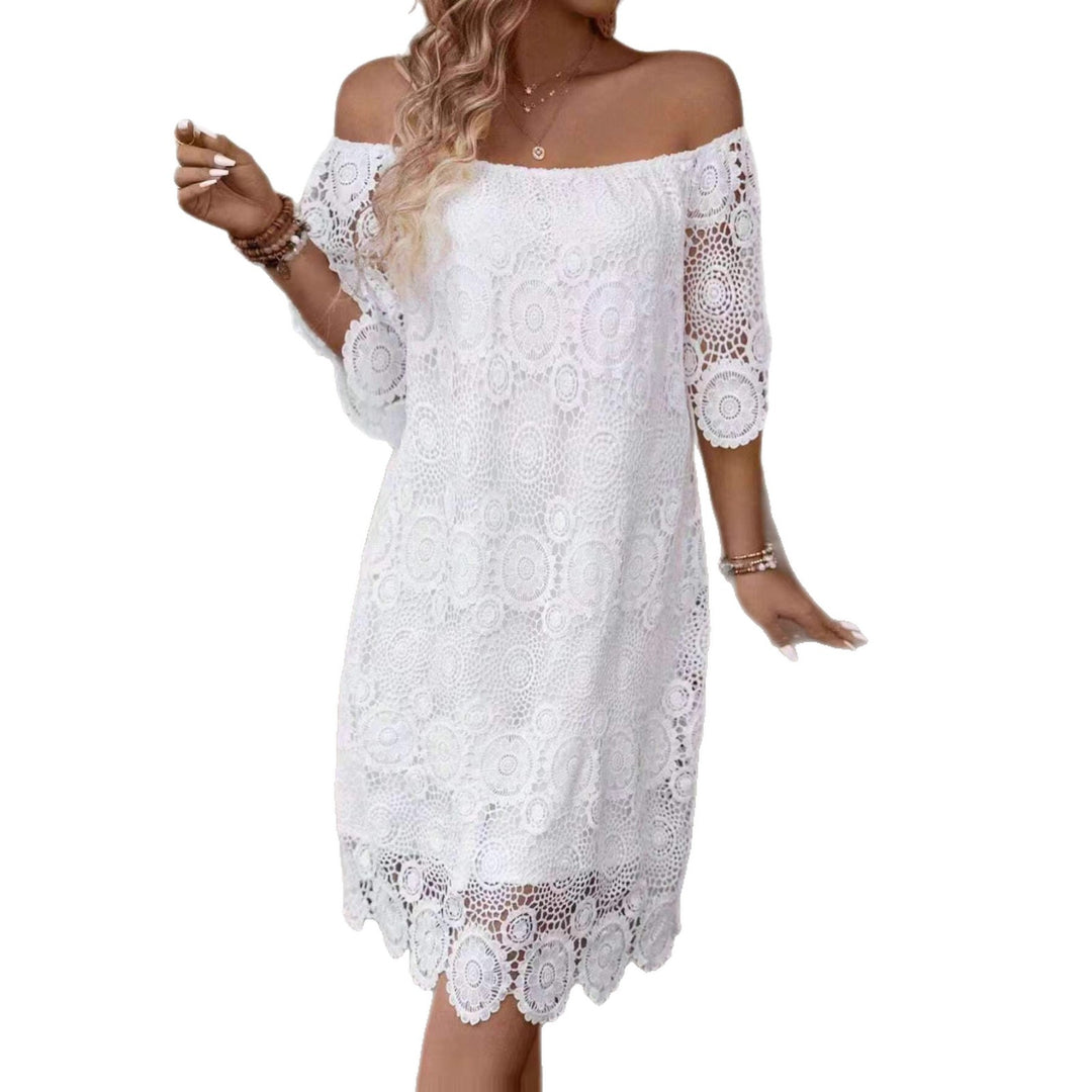 Women's off-shoulder crochet midi dress with sweetheart neckline and floral lace trim Mune Fashion