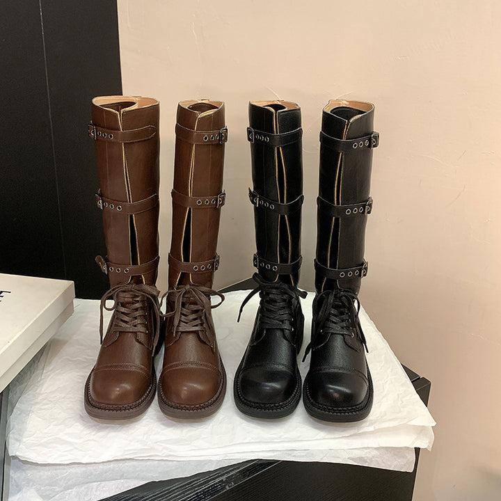 Ladies knee-high lace-up boots with decorative and adjustable buckles Mune Fashion