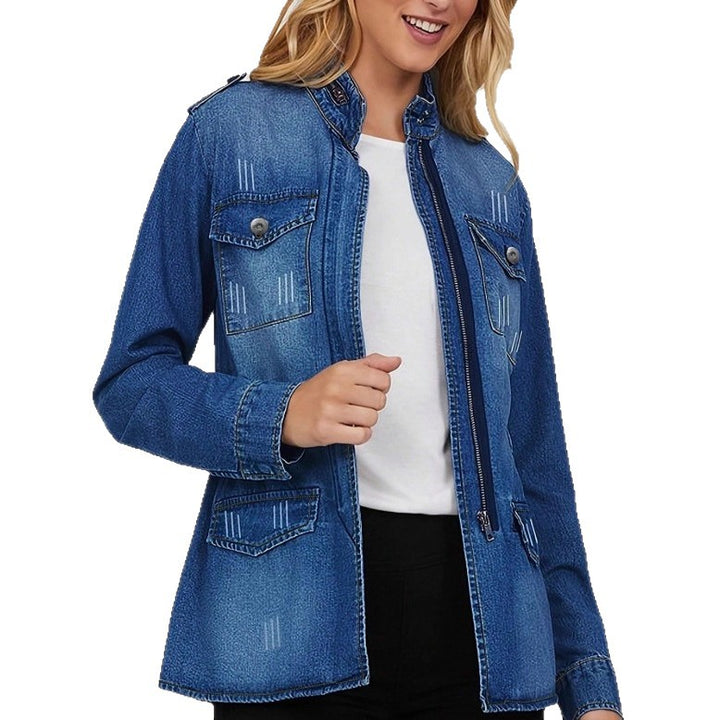 Women tailored denim jacket with stand-up collar, four flap pockets and slightly flared hem Mune Fashion