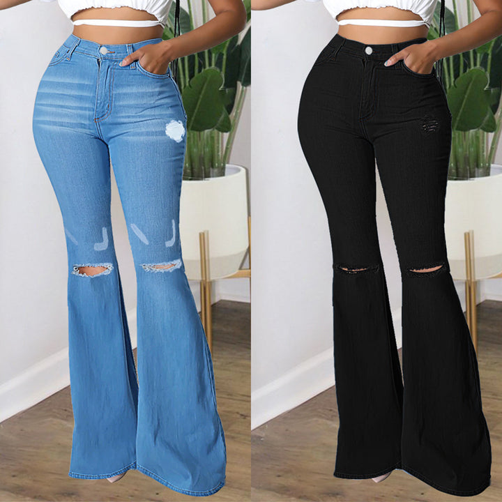 Women's high-waisted flared pants made of stretch denim with knee rips and shaping waistband Mune Fashion