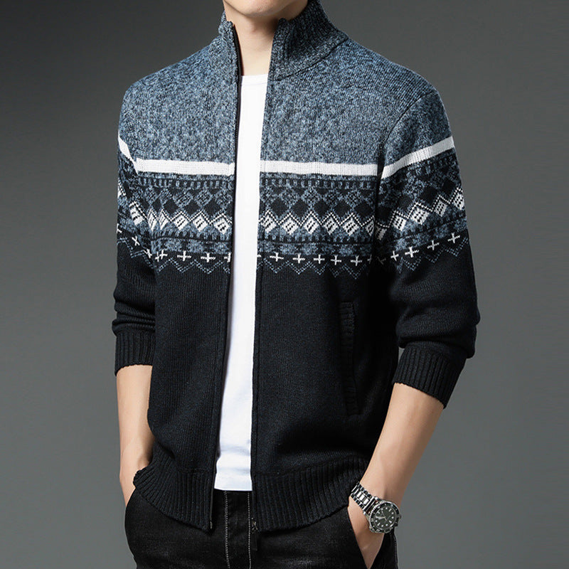 Men's Norwegian Pattern Cardigan with Full Zip and Stand-Up Collar Mune Fashion