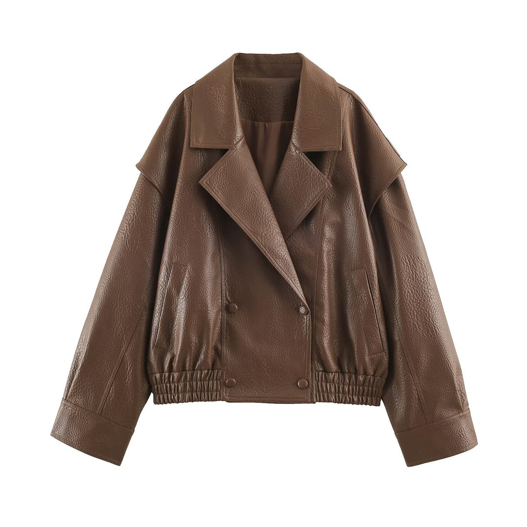 Ladies Oversized Faux Leather Jacket with Double Breasted, Wide Lapels and Elastic Hem Mune Fashion