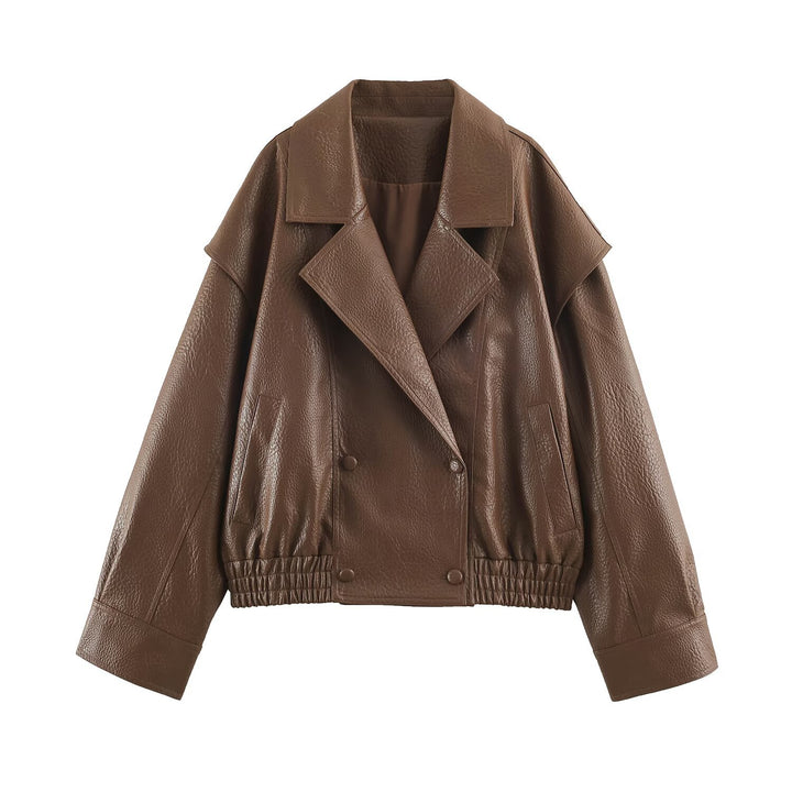 Ladies Oversized Faux Leather Jacket with Double Breasted, Wide Lapels and Elastic Hem Mune Fashion