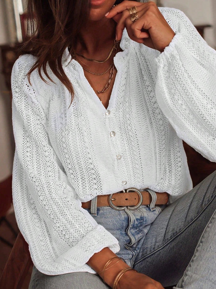 Ladies' crochet blouse with button placket and balloon sleeves Mune Fashion