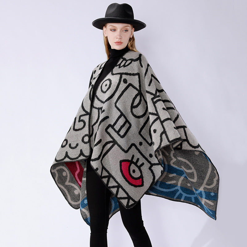 Women's oversized poncho in artistic print with two-tone edge processing and asymmetrical pointed hem Mune Fashion