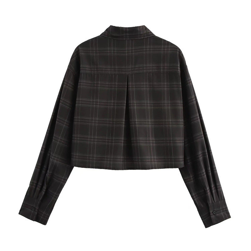 Women's Cropped Boxy Shirt Jacket in Checkered Pattern with Concealed Button Placket Mune Fashion