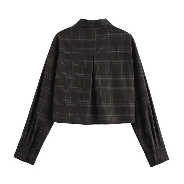 Women's Cropped Boxy Shirt Jacket in Checkered Pattern with Concealed Button Placket Mune Fashion