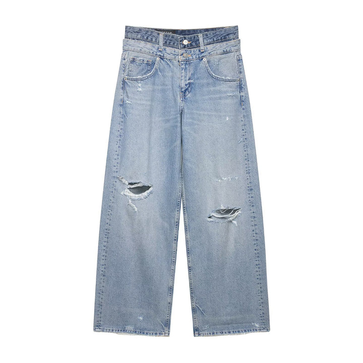 Women Loose-fitting Distressed Denim Jeans with Wide Cropped Leg Mune Fashion
