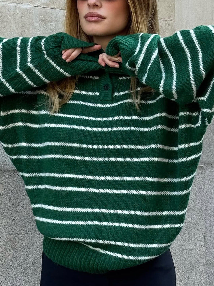 Women's Oversized Knit Sweater with Polo Collar & Stripe Pattern Mune Fashion