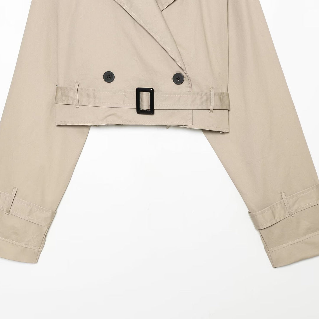 Women's short blouson trench coat with double-breasted button placket, shoulder epaulets, and waist belt Mune Fashion