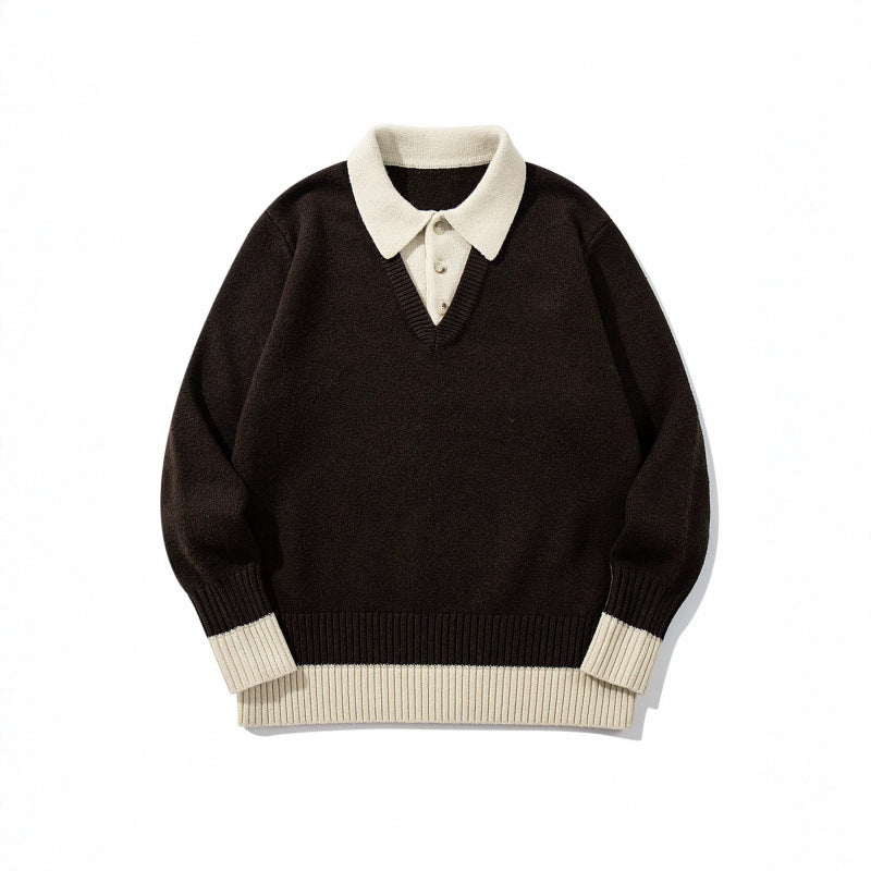 Men's Oversized Fine Knit Polo with Contrast Trim Shirt Collar and Ribbed Cuffs Mune Fashion