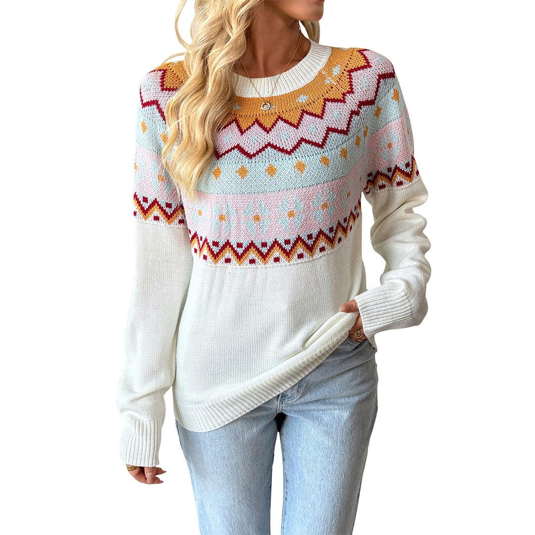 Women Playful Knit Sweater with Norwegian Pattern Mune Fashion