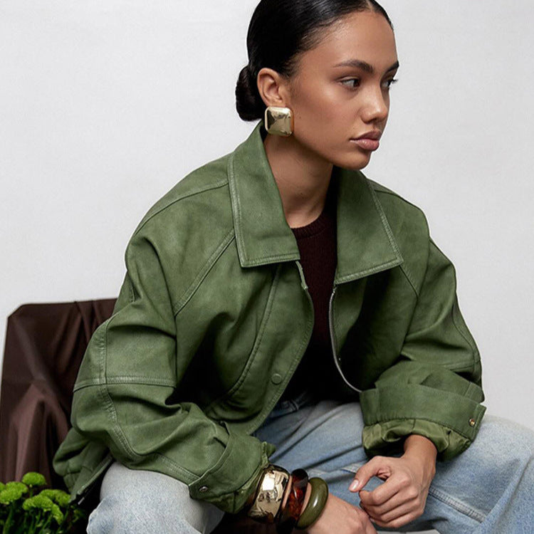 Women's Oversized Faux Leather Jacket in Boxy Cut with Raglan Sleeves and Two-Way Zipper Mune Fashion