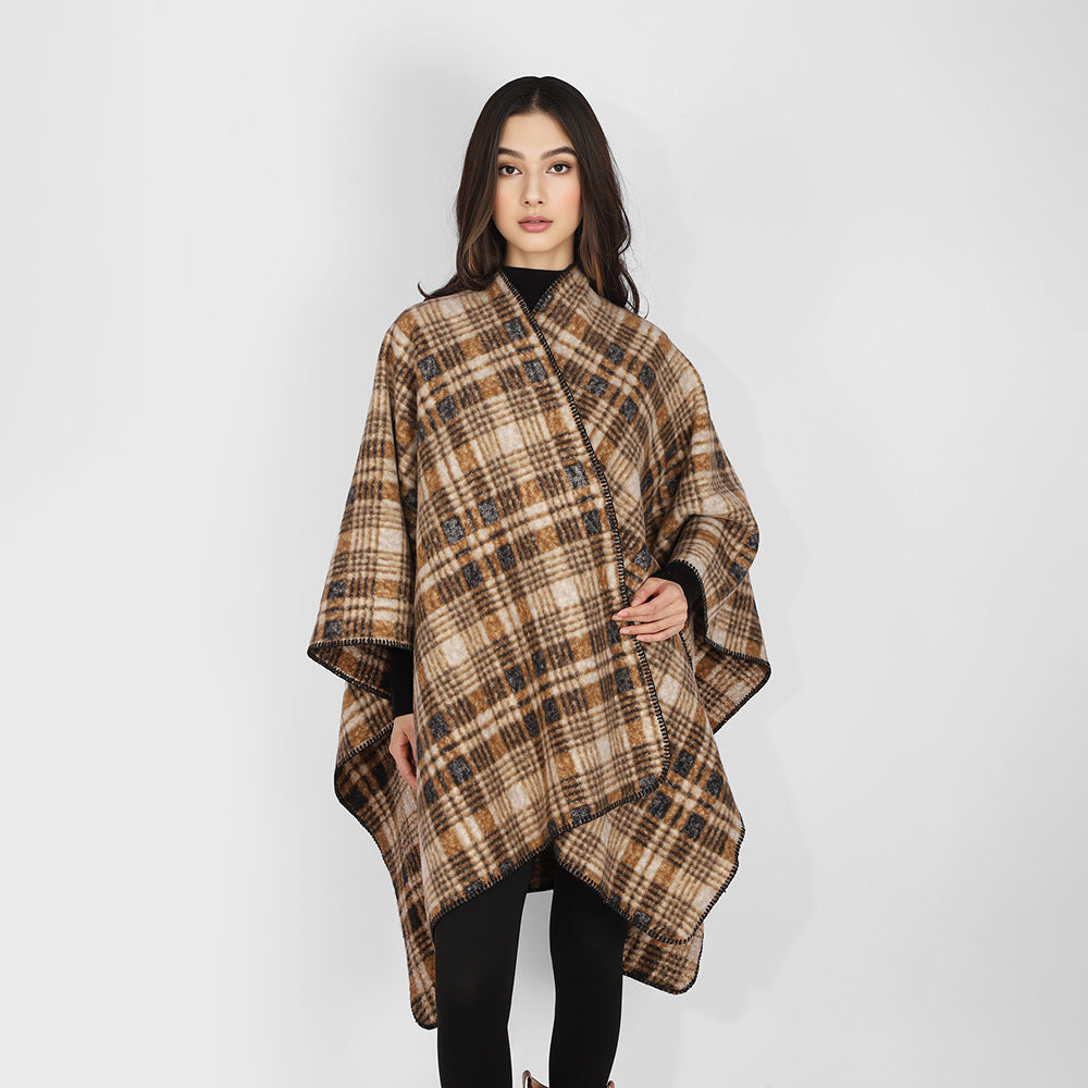 Women Oversize Wool Blend Cape Poncho in Rectangular Cut with Check Pattern and Decorative Overlock Edge Mune Fashion