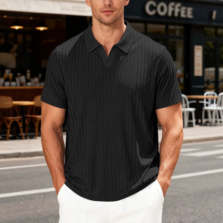 Men's Ribbed Short Sleeve Polo Shirt with V-Neck and Open Collar