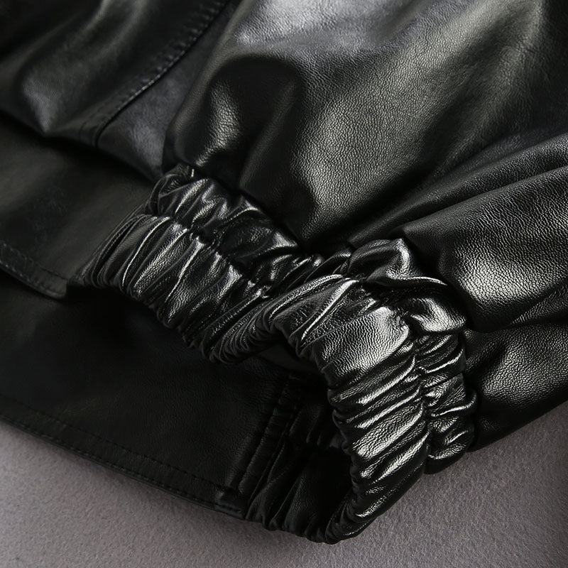 Men's Oversized Faux Leather Utility Jacket with Flap Pockets and Elastic Hem Mune Fashion