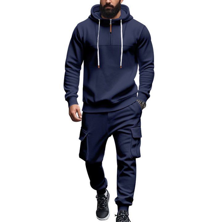 Men's cargo-style hooded sweatshirt and jogger set with short chest zipper and flap pockets Mune Fashion