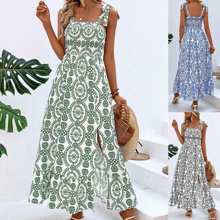Women's maxi dress with smocked bustier, tie straps, and side leg slit Mune Fashion