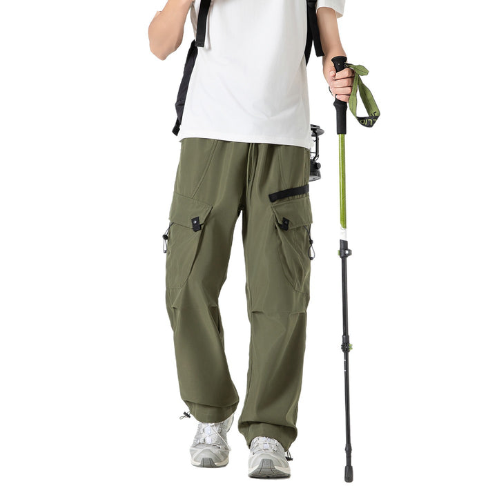 Men's Wide Utility Cargo Pants with Drawstring Waist, Multiple Pockets, and Adjustable Leg Openings Drune