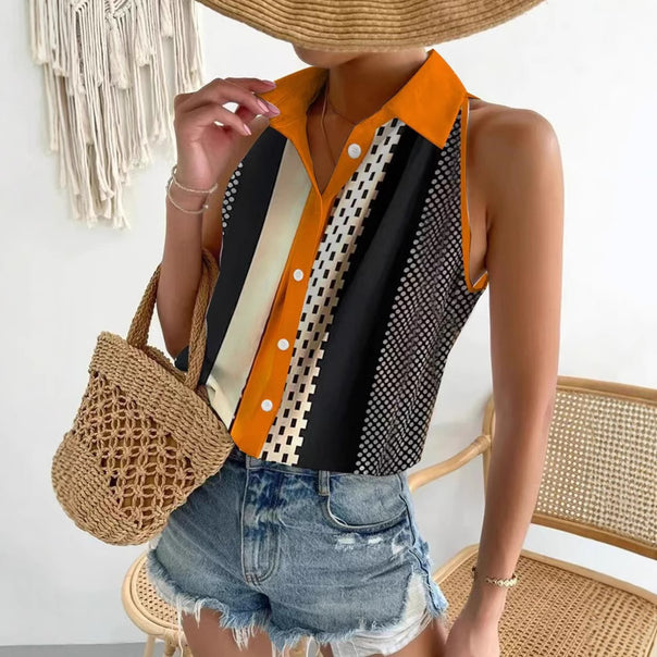 Women's sleeveless blouse top with shirt collar, continuous button placket and asymmetrical panel print Mune Fashion