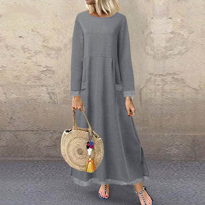 Ladies nan maxi dress with loose A-line cut, round neckline, patch pockets, and delicate lace trim Mune Fashion