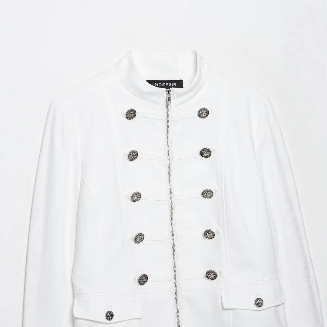 Women's Short Jacket in Officer Style with Stand Collar and Decorative Button Rows Mune Fashion