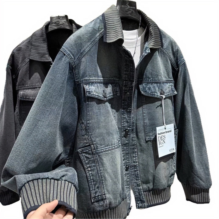 Men's Loose-Fitting Denim Jacket with Ribbed Contrast Collar and Vintage Wash Mune Fashion