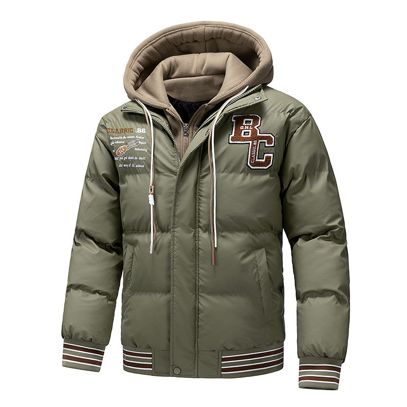 Men's Padded Quilted Jacket with Hoodie Insert and College Patches Mune Fashion