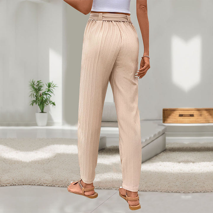 Women's Lightweight Paperbag Pants with Waist Tie, Straight Leg and Cuffed Hem Mune Fashion