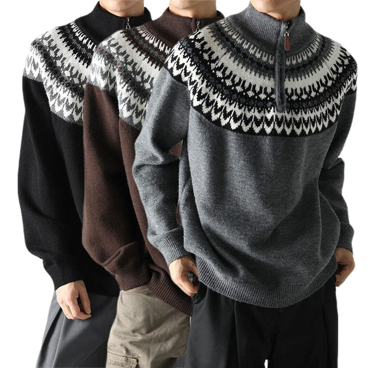 Men's chunky knit pullover with stand-up collar and zipper Mune Fashion