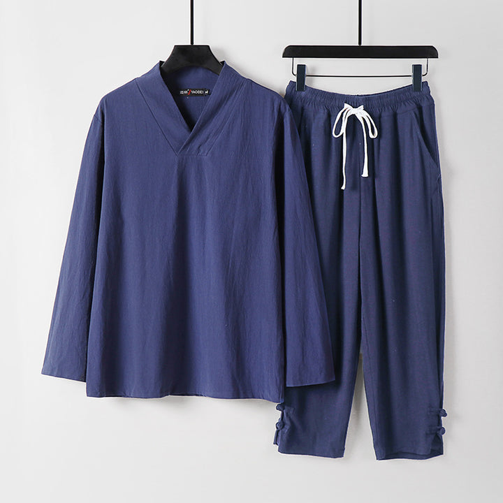 Men's Loose Loungewear Set with V-Notch Stand Collar and Drawstring Pants Mune Fashion