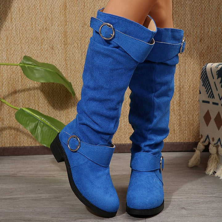 Women Slouch Knee-High Boots with Decorative Ring Strap and Low Block Heel Mune Fashion