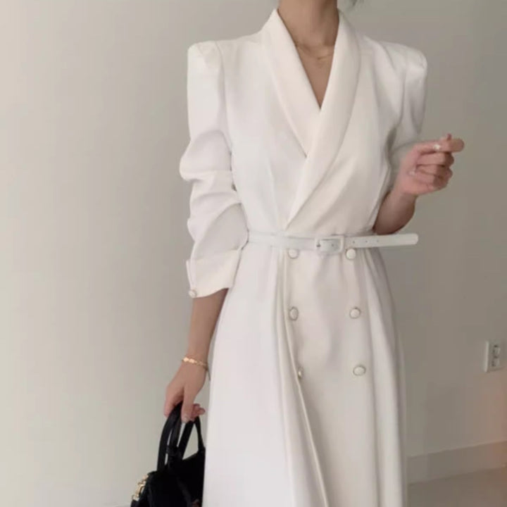 Women Double-Breasted Maxi Coat Dress with Waist Belt and Emphasized Shoulders Mune Fashion