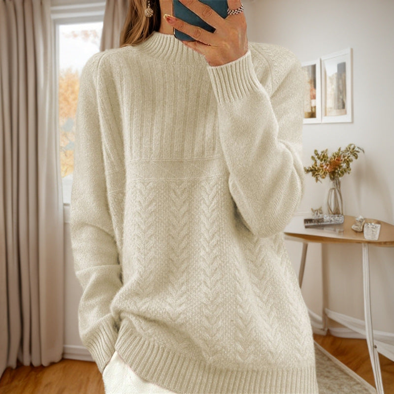 Women's cozy chunky knit round neck sweater with cable pattern and ribbed cuffs Mune Fashion
