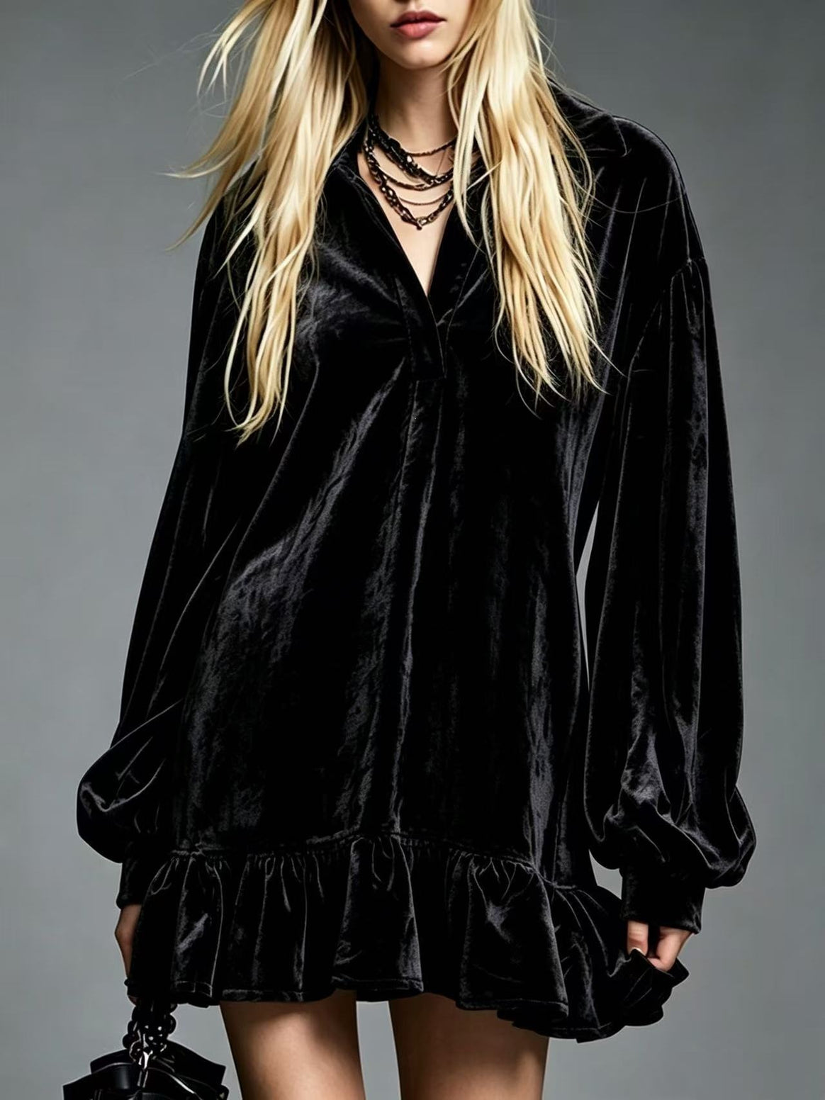 Ladies Velvet Mini Dress with Ruffled Hem, Balloon Sleeves and Shirt Collar Mune Fashion