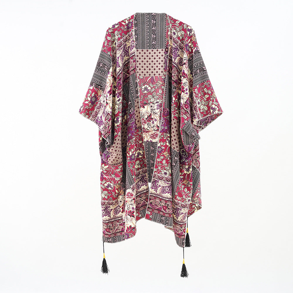Women Kaftan Overlay with Patchwork Floral Print and Tassels Mune Fashion