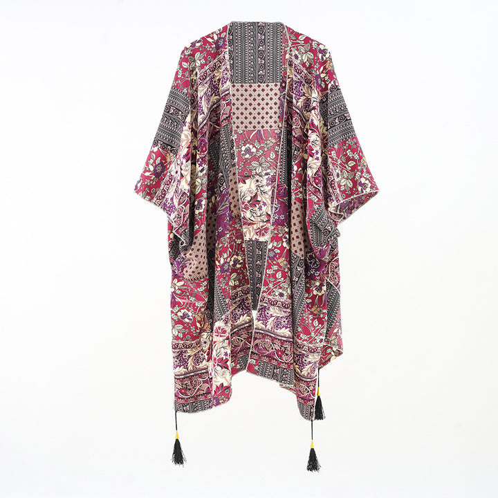 Women Kaftan Overlay with Patchwork Floral Print and Tassels Mune Fashion