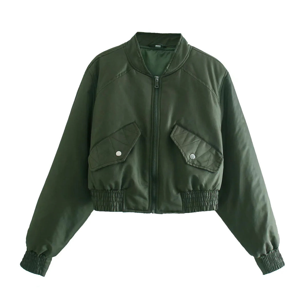 Women's cropped bomber jacket with quilted pocket flap, zipper, and elastic cuffs Mune Fashion