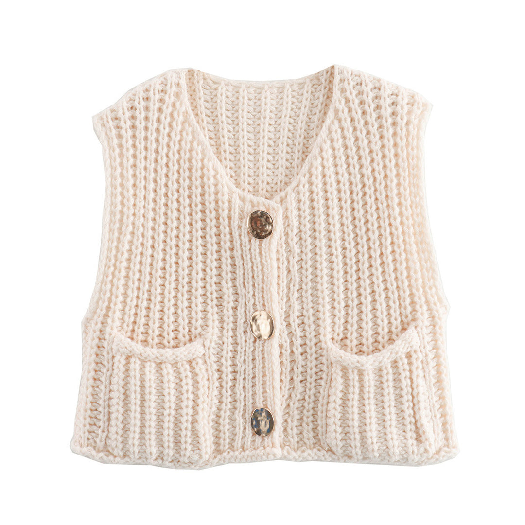Women's Chunky Knit Cropped Vest with V-Neck and Gold Decorative Buttons Mune Fashion