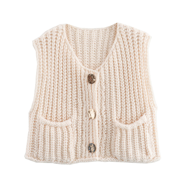 Women's Chunky Knit Cropped Vest with V-Neck and Gold Decorative Buttons Mune Fashion