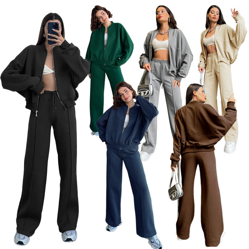 Women's Oversized Zip-Hoodie Set with Cropped Top and Wide Seam Sweatpants Mune Fashion
