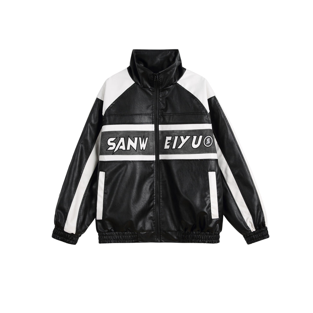 Women's faux leather track jacket in oversized cut with high stand-up collar and logo panel Mune Fashion