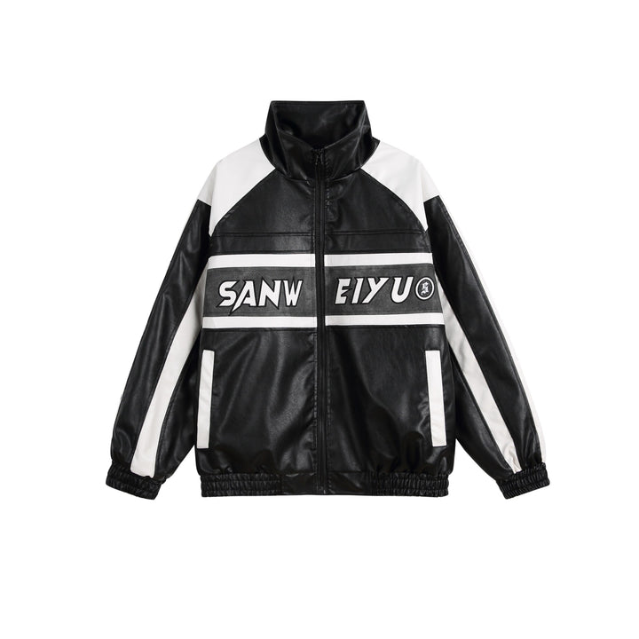 Women's faux leather track jacket in oversized cut with high stand-up collar and logo panel Mune Fashion