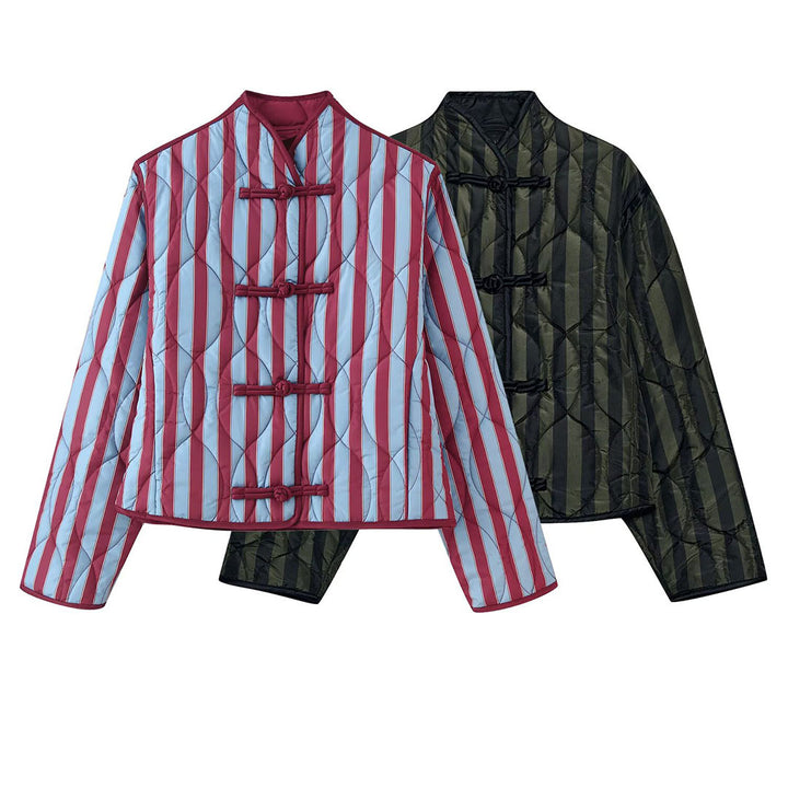 Women Padded Jacket with Stand-up Collar, Striped Quilting and Knot Closures Mune Fashion