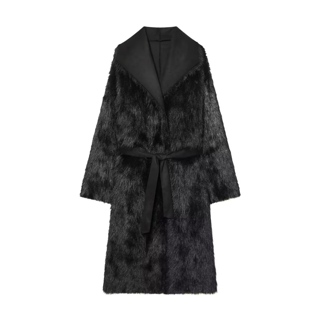 Women longer coat with faux fur trim and tie belt Mune Fashion