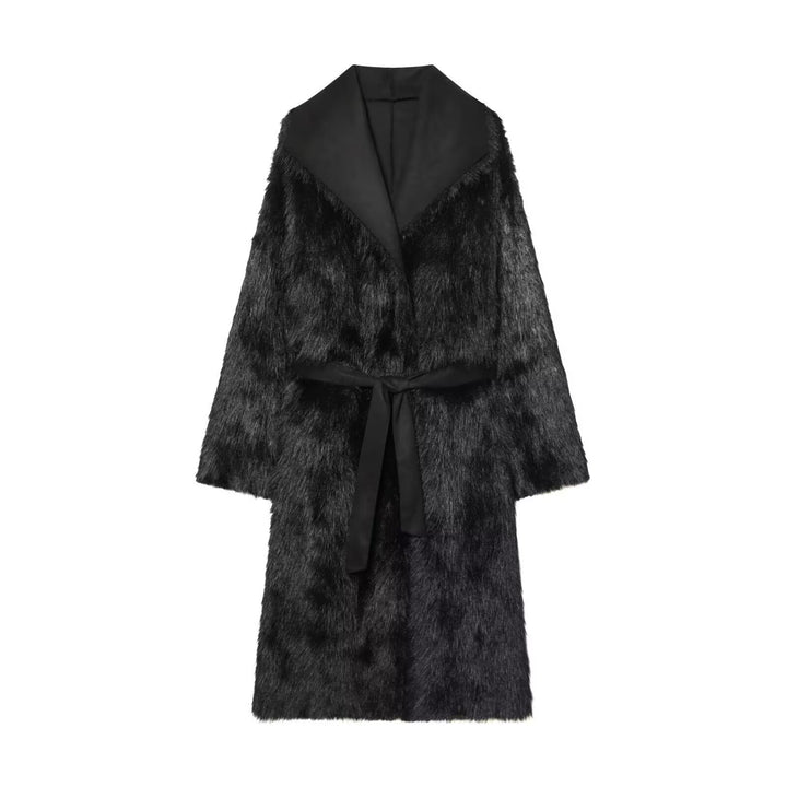 Women longer coat with faux fur trim and tie belt Mune Fashion