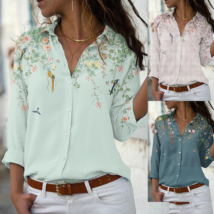 Women’s lightweight chiffon blouse with floral bird print, button placket and casual cut Mune Fashion