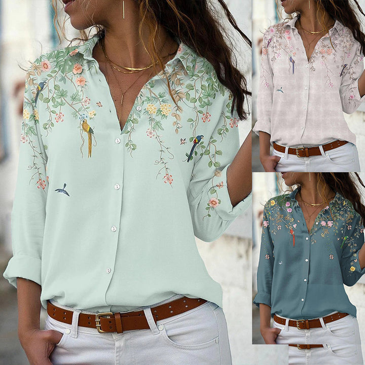 Women’s lightweight chiffon blouse with floral bird print, button placket and casual cut Mune Fashion