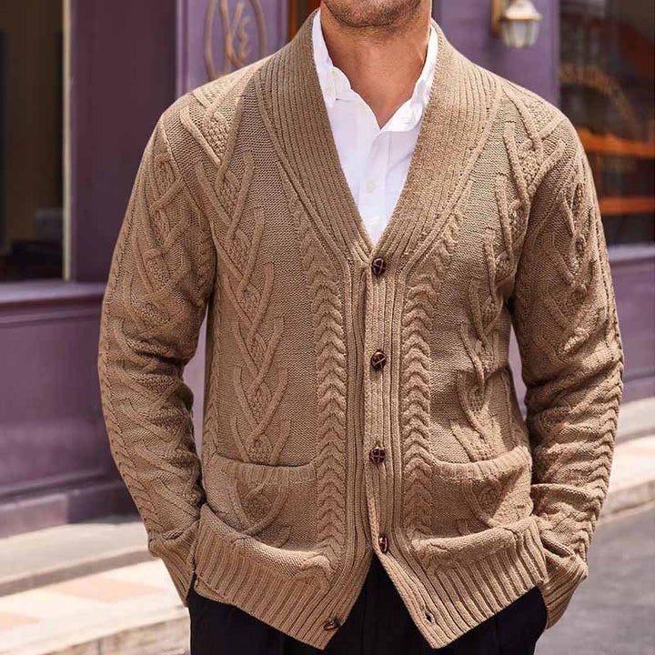 Men's cable knit cardigan with shawl collar and patch pockets Mune Fashion